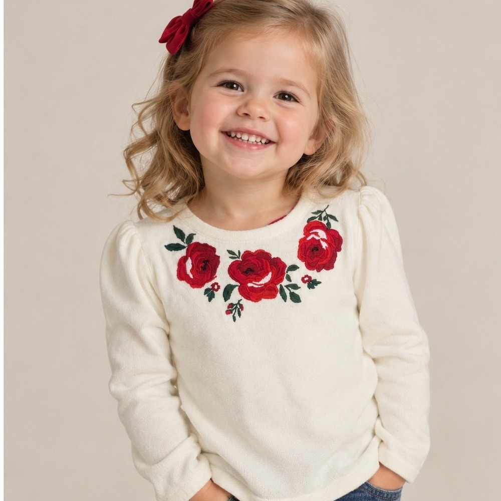 Janie and Jack Girls Ivory Rose Embroidered Sweater Red Velvet Bow Size 5
